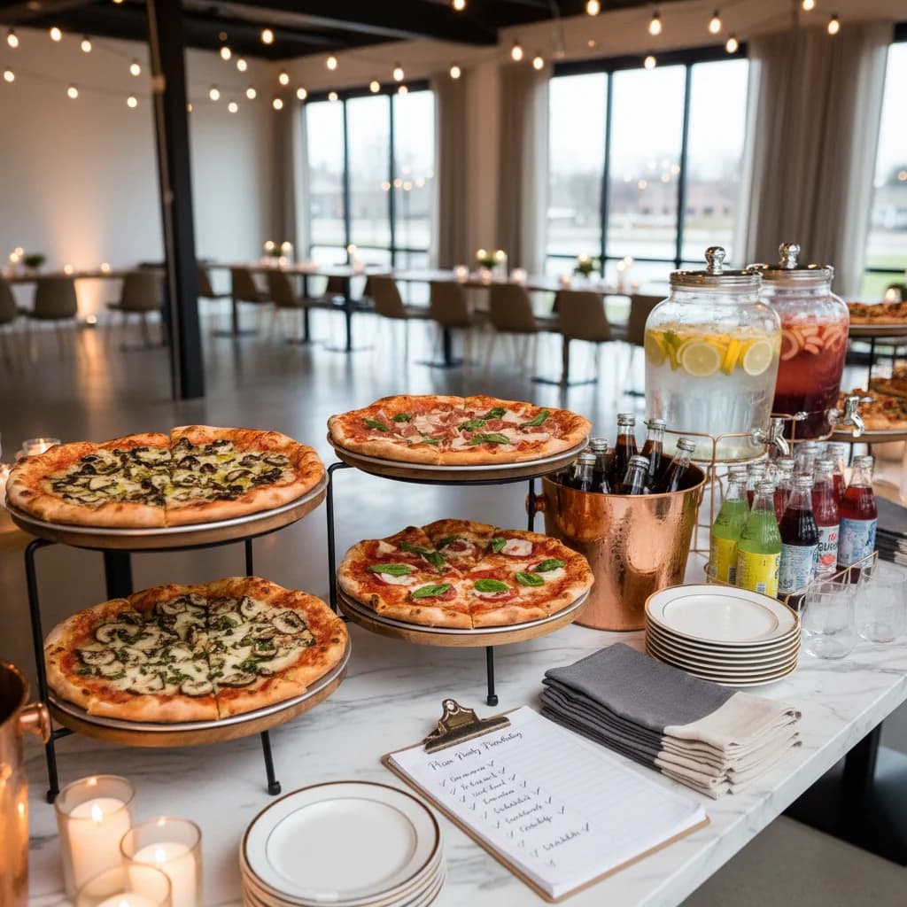 Pizza party with multiple pizzas laid out for a group gathering