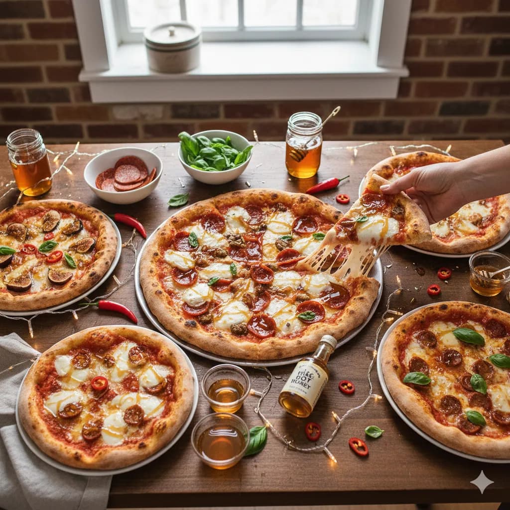 Hot honey being drizzled on a pepperoni pizza