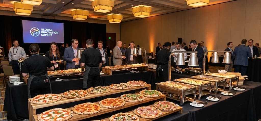 Large catering setup with multiple pizzas for 50+ guests at an event
