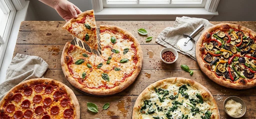 Pizza party setup for 10 people with multiple pizzas on a table