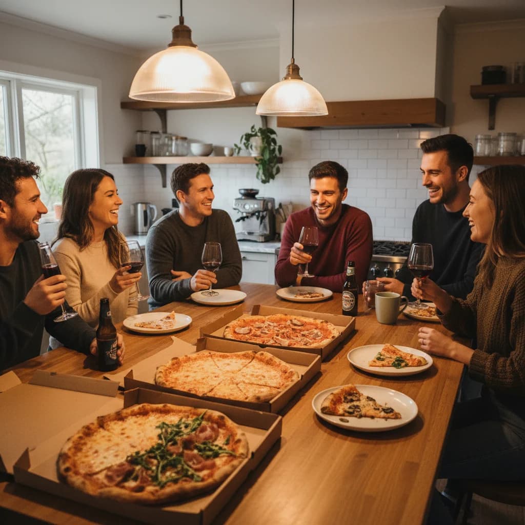Cozy house party with pizzas on kitchen island for 15 guests