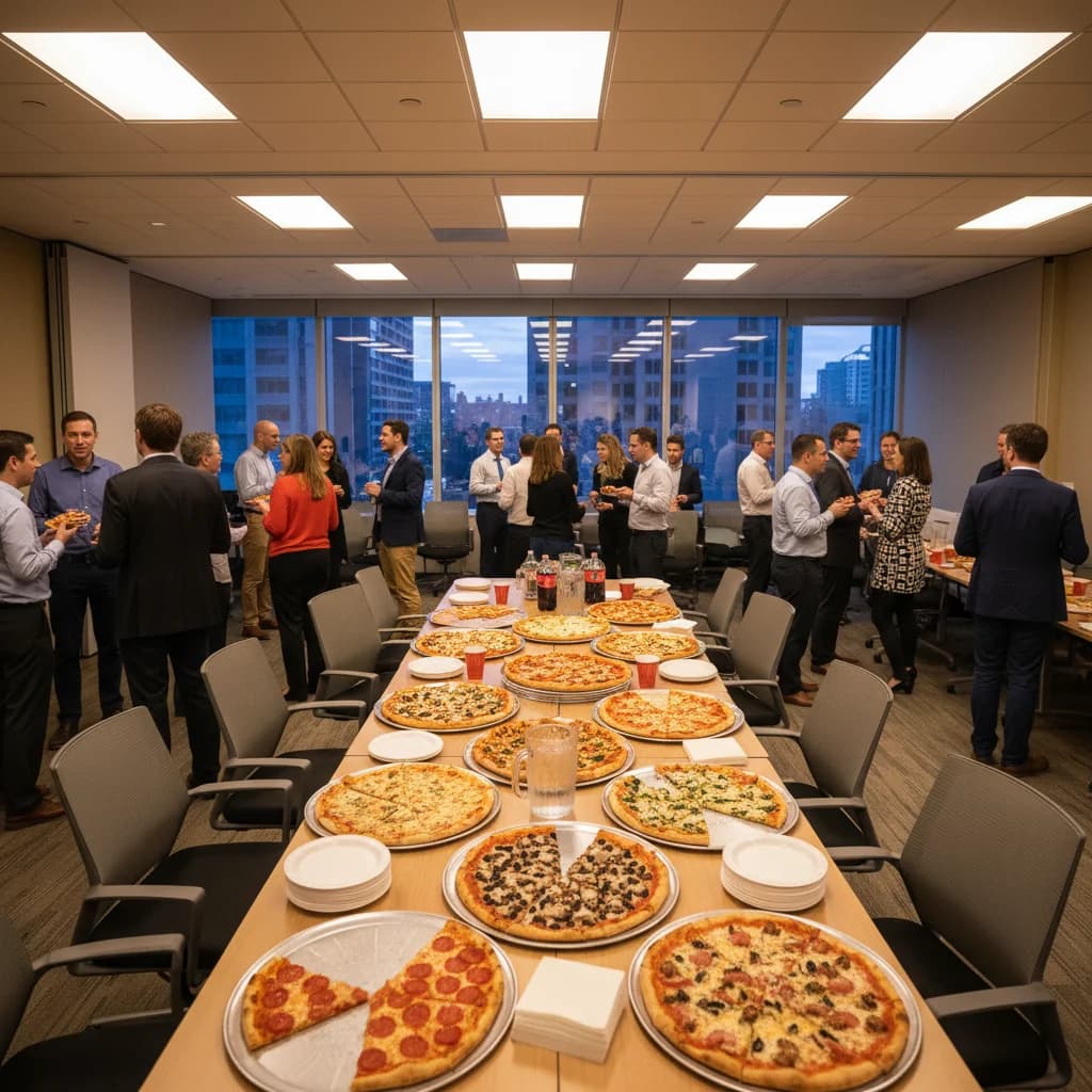 Large office party with abundant pizza spread for 40 people