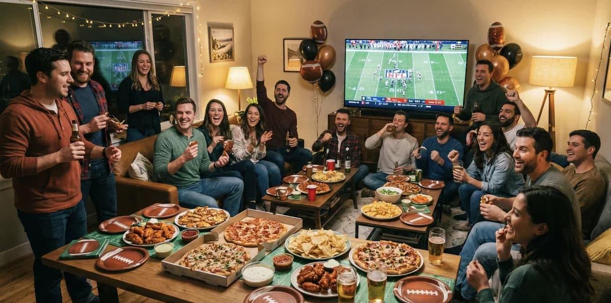 Super Bowl pizza party with friends watching football, multiple pizzas and wings spread on table
